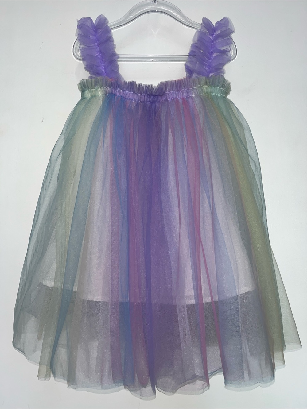 Lola + The Boys Pastel Rainbow Tulle Dress with Purple Ruffled Straps
